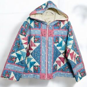 Unique Creations Handmade Quilted Patchwork Floral Zip Up Hooded Jacket Sz Large